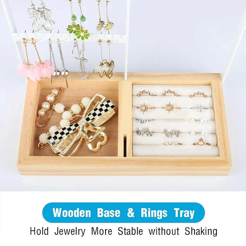 Jewelry organizer, earring holder organizer, 6 hook necklace organizer, jewelry holder with ring and bracelet holder (white)