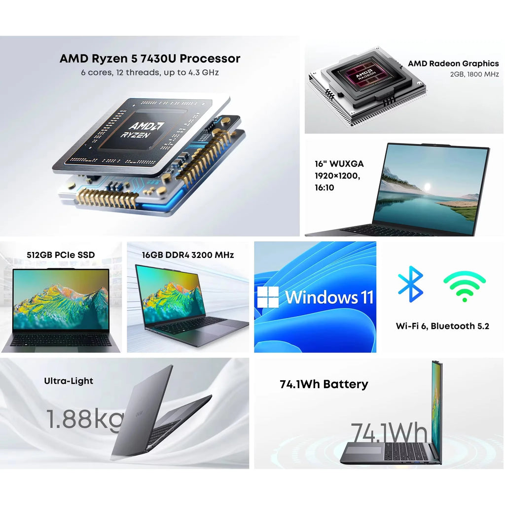 CHUWI CoreBook Plus Laptop AMD R5-7430U 6 Cores Gaming Laptop 16GB RAM 512GB SSD16 inch Large FHD Screen Notebook Windows 11