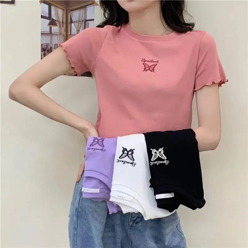 Y2K Crop Top T-shirt Women O-neck High Waist Slim Crop Top Butterfly Embroidered Short-Sleeved Tee Shirt T-shirts  Woman Clothes