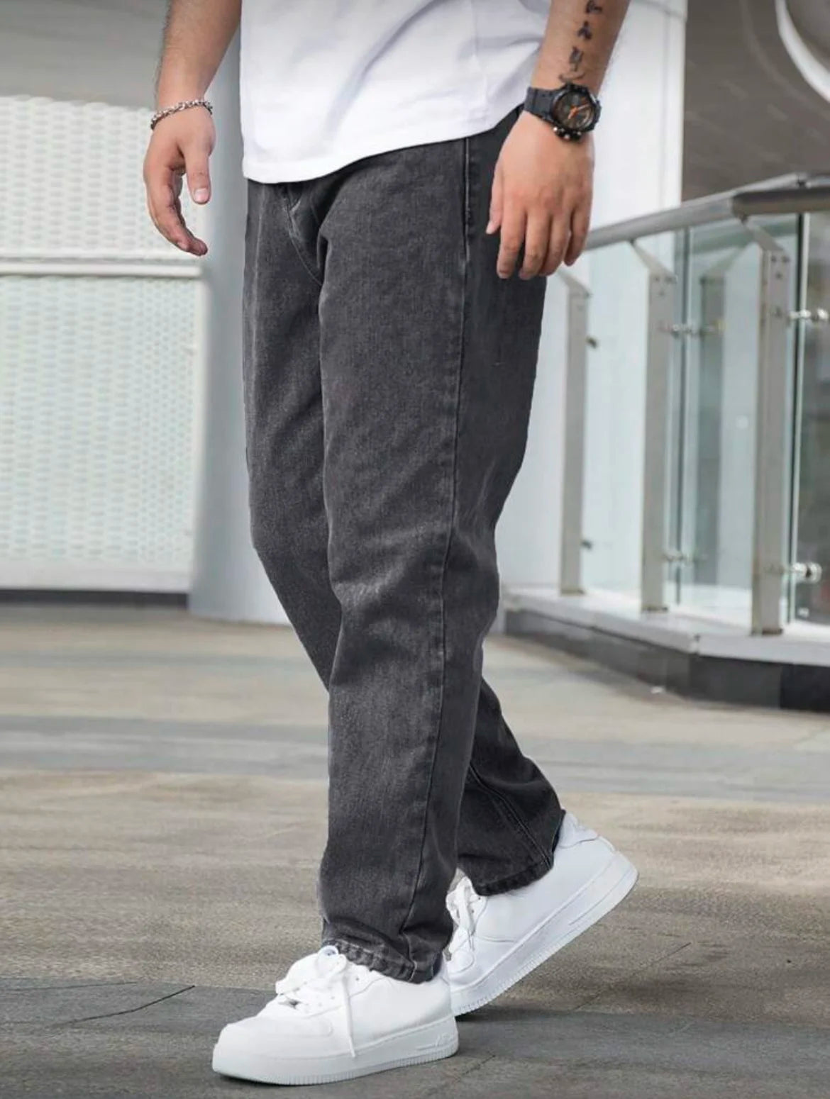 Men's Loose Straight Jeans, Vintage Dark Grey Washed, Casual Daily Wear, Comfortable & Versatile, All Sizes