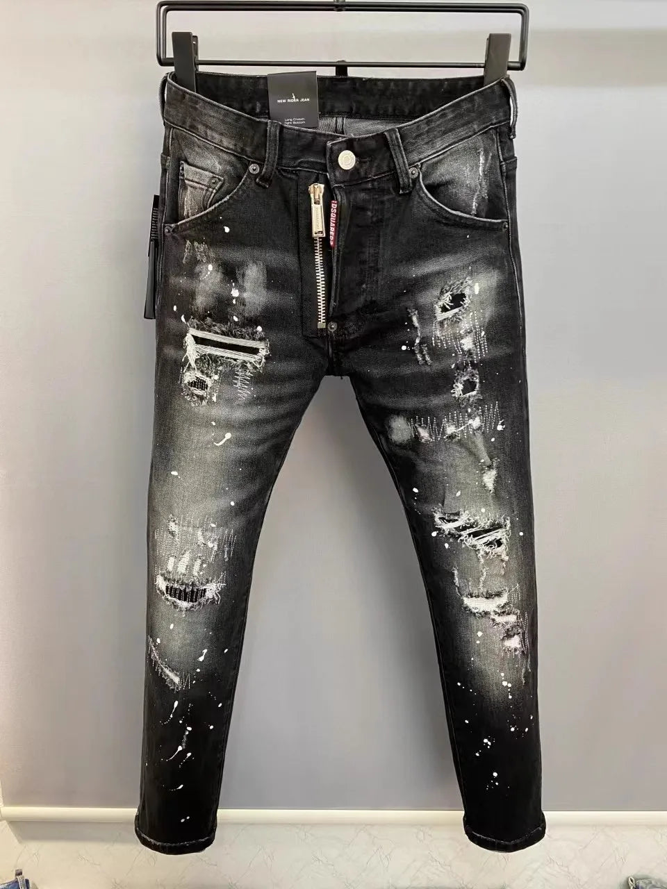 Light Luxury Washed Jeans Men's Trendy Brand Ruffian Handsome Black Ripped Patch Slim Fit Small Feet Casual Long Pants