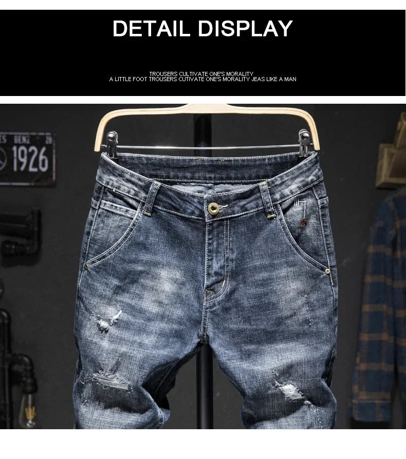 Men's Ripped Jeans Streetwear Personality Trendy Korean Fashion Slim Beggar Holes Denim Pants Stretch Casual Male Trousers