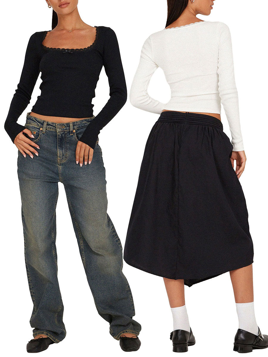 Women Y2k Crop Tops Autumn Spring Long Sleeve Square Neck Ribbed Slim Fitted T-Shirt Aesthetic Fairy Tees Tops Retro Streetwear