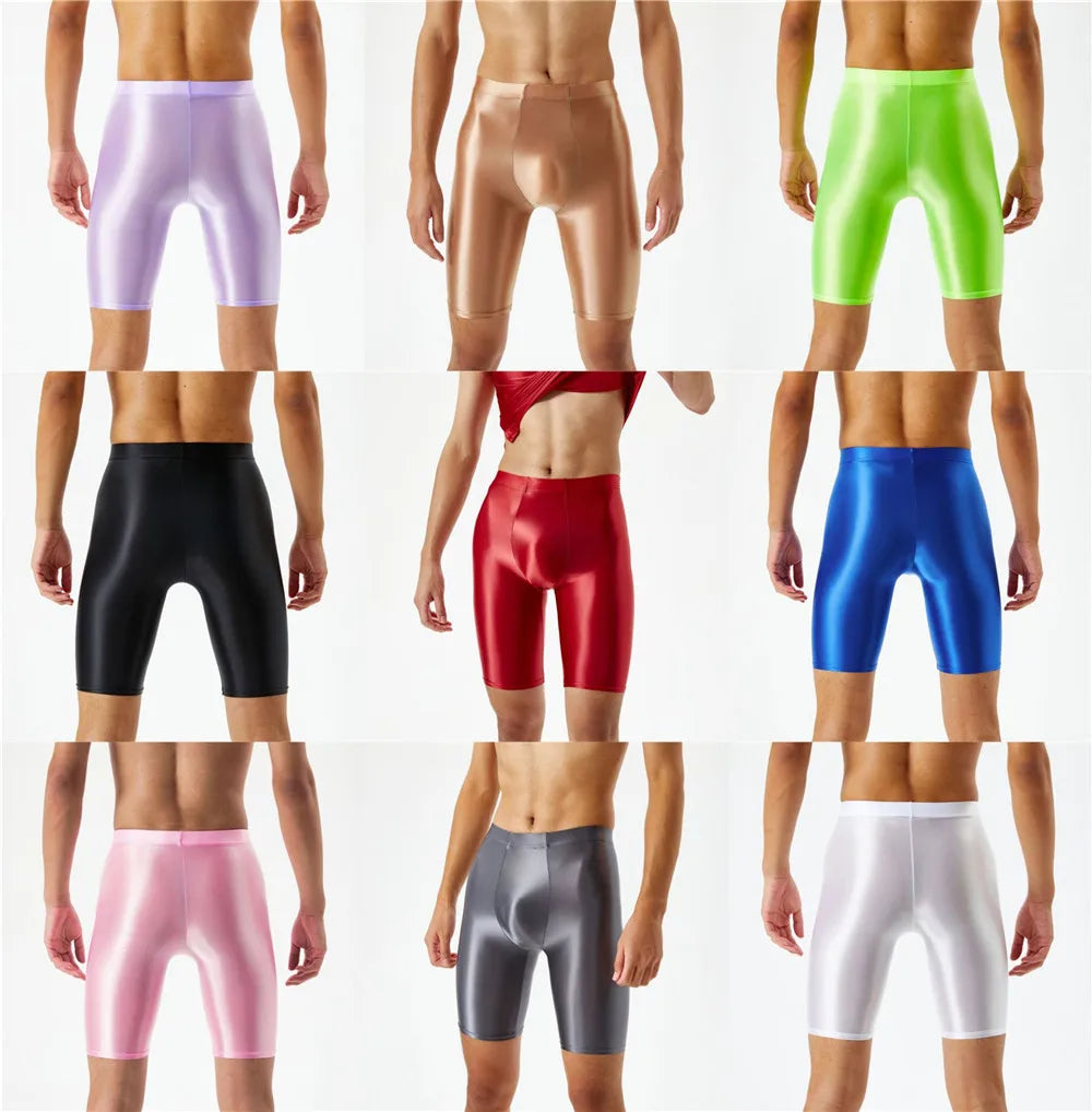 Men Oil Shiny Shorts gym Shapewear Ice Silk High Elastic Sexy Boxer Tight Shape U Pouch Sheath Man Shorts Smooth Candy Color