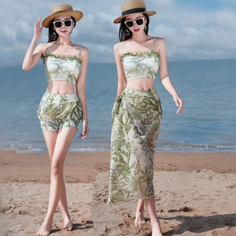 Bikini Sets Women Halter Floral Printed Three Pieces Split Swimsuit Korean Fashion Elegant Beach Style Slim Sexy Hot Girls Soft