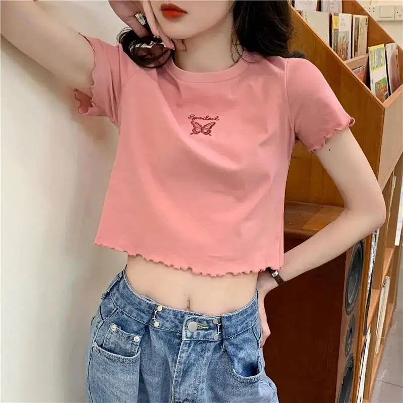 Y2K Crop Top T-shirt Women O-neck High Waist Slim Crop Top Butterfly Embroidered Short-Sleeved Tee Shirt T-shirts  Woman Clothes