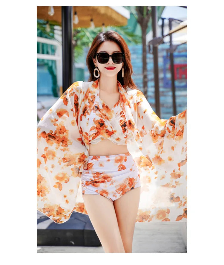 Bikini Sets Women Halter Floral Printed Three Pieces Split Swimsuit Korean Fashion Elegant Beach Style Slim Sexy Hot Girls Soft