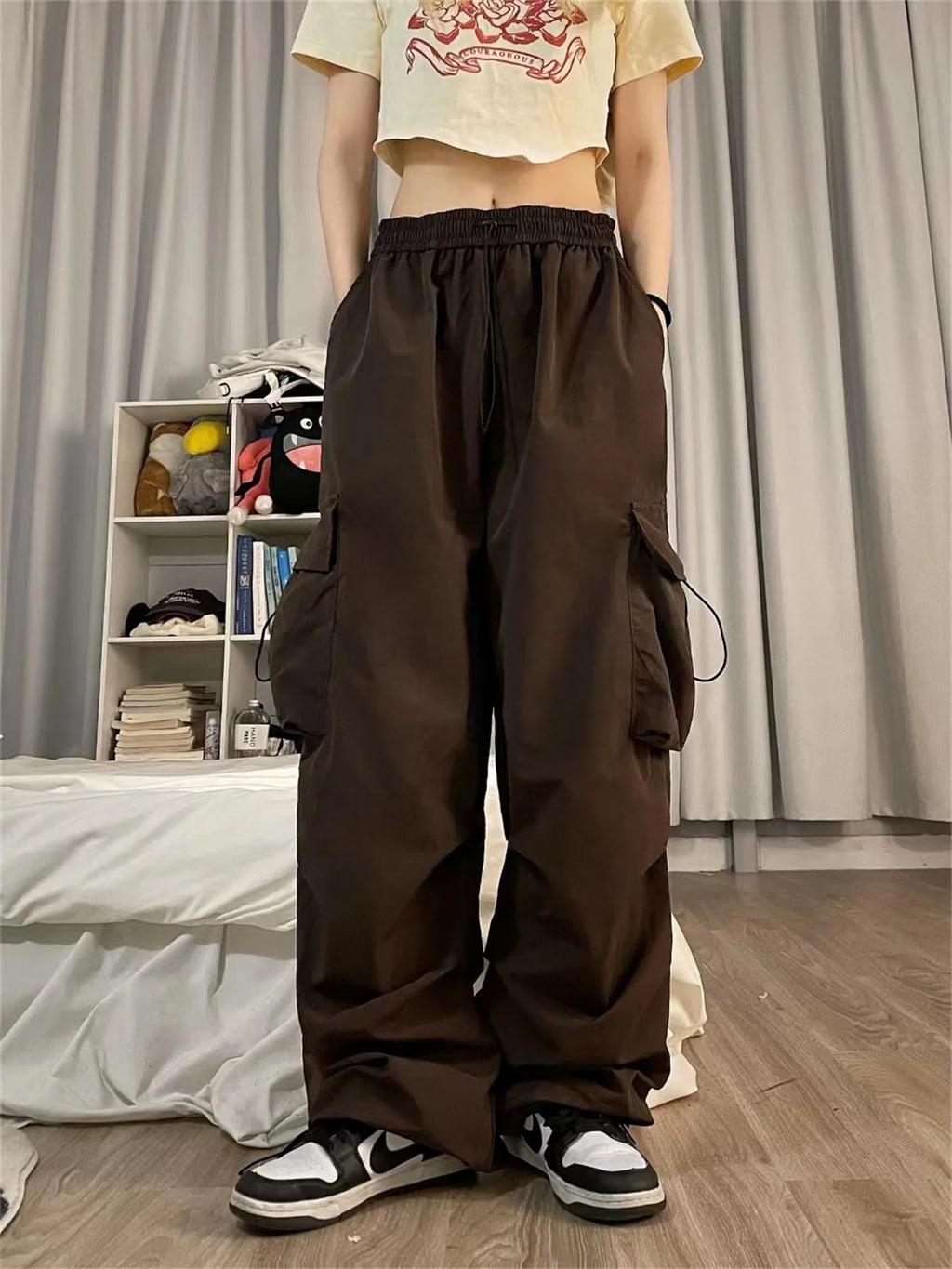 Red Big Pockets Cargo Pants Women High Waist Loose Streetwear Baggy Tactical Trouser Fashion Hip Hop Joggers Trousers Female