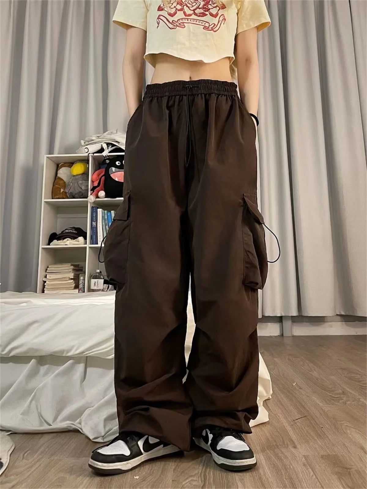 Red Big Pockets Cargo Pants Women High Waist Loose Streetwear Baggy Tactical Trouser Fashion Hip Hop Joggers Trousers Female
