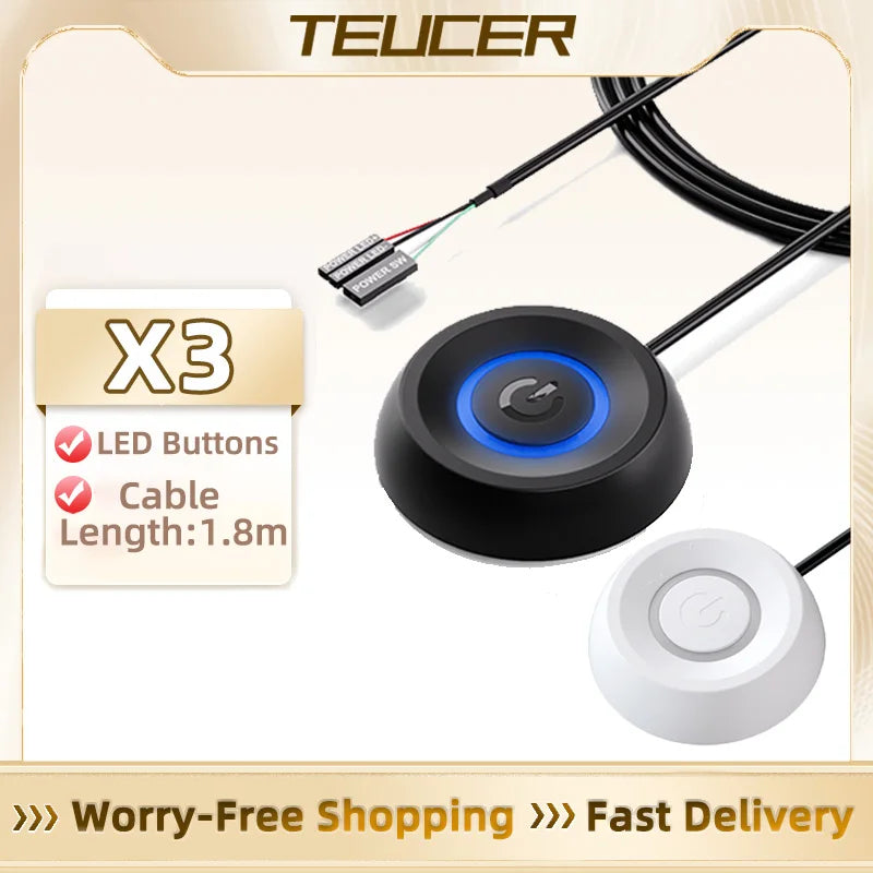 TEUCER X3 1.8m LED Light Computer Desktop Round Power Switch PC Motherboard External Start Power Button Extension Cable for Home