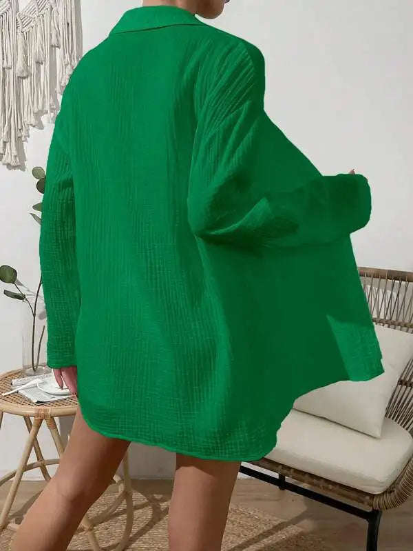 100% Cotton Gauze Muslin Sets For Women 2 Pieces Long Sleeve Shirts And Loose High Waist Mini Shorts Sets Ensemble Femme