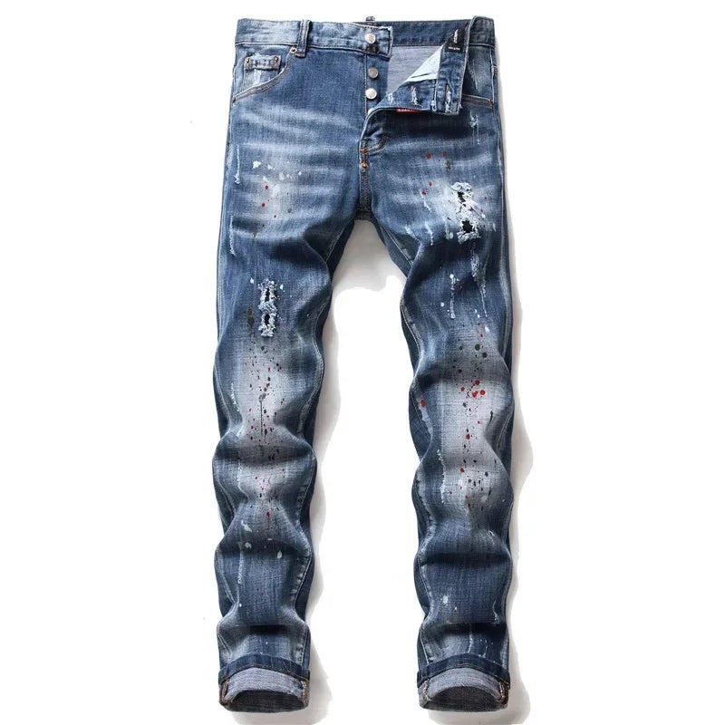 Men Ripped Skinny Denim Jeans Blue Holes Jeans Italian Style Stretch Denim Pants High Quality Male Slim Fit Denim Trousers  38