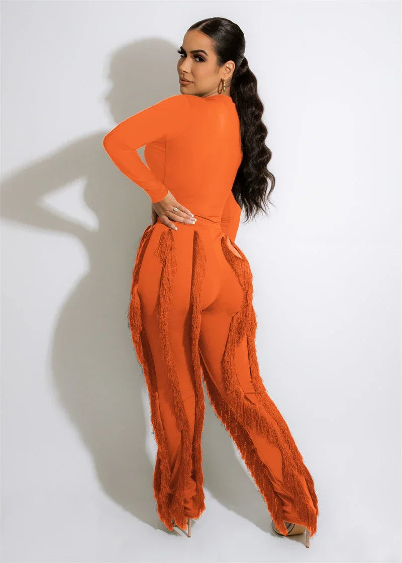 Elegant 2 Piece Sets Women Outfit 2025 Fall Winter Long Sleeve Bodysuit Top and Tassel Pants Matching Sets Ensembles Pantalons