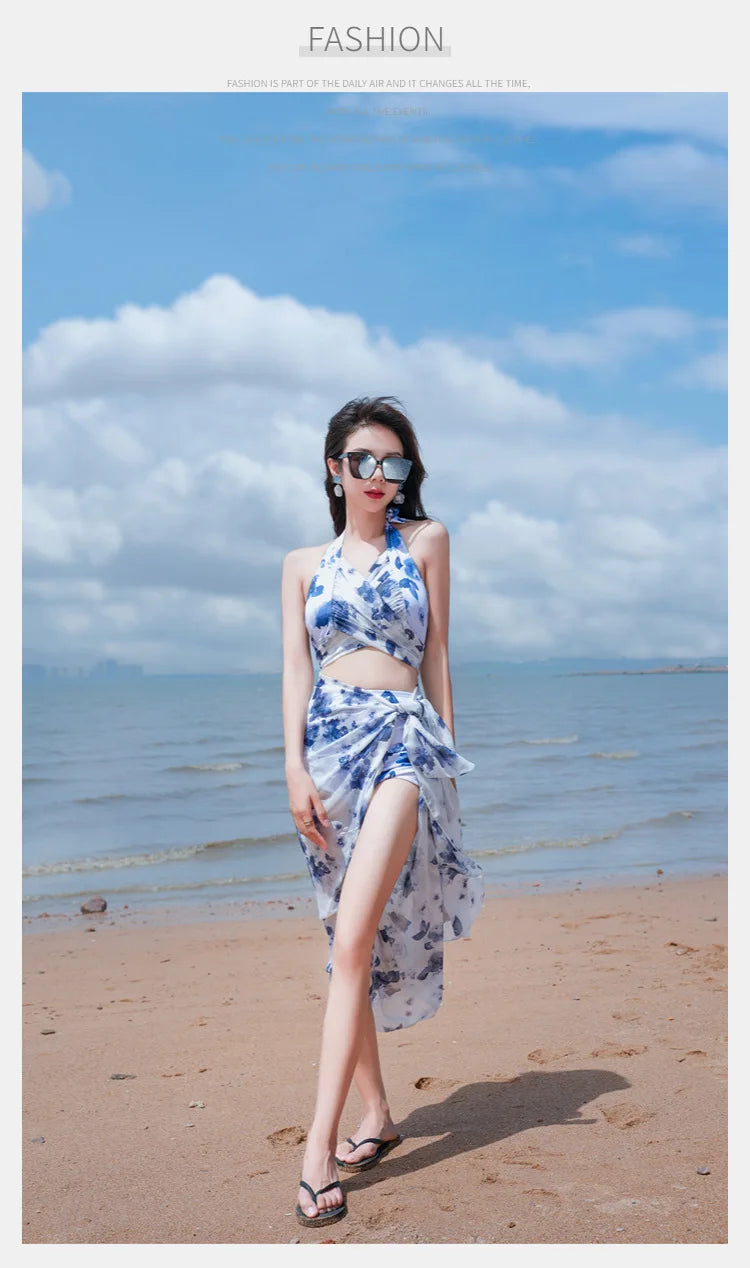 Bikini Sets Women Halter Floral Printed Three Pieces Split Swimsuit Korean Fashion Elegant Beach Style Slim Sexy Hot Girls Soft