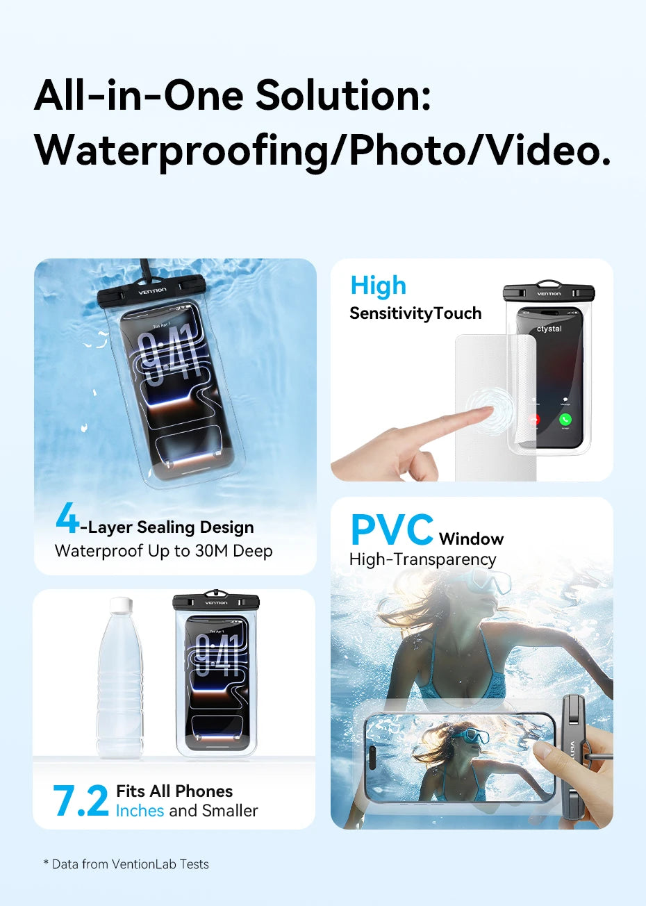 Vention Phone Pouch Bag Waterproof 7.2 inch IPX8 Phone Case Phone Protector Cover for iPhone 17 16 15 Underwater Dry Bag Skiing