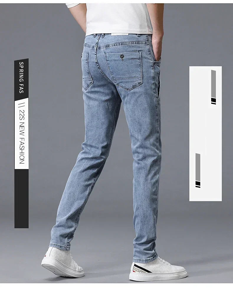 2024 New Men's Skinny Jeans Blue Gray Cotton Elasticity Straight Pencil Foot Slim Fit Fashionable Casual Denim Long Pants Male