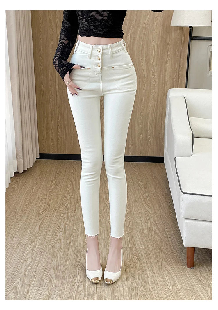 New White Skinny Jeans Woman High Waist Casual Stretch Jeans Vintage Sexy Femme Ankle Length Pencil Pants Denim Jeans