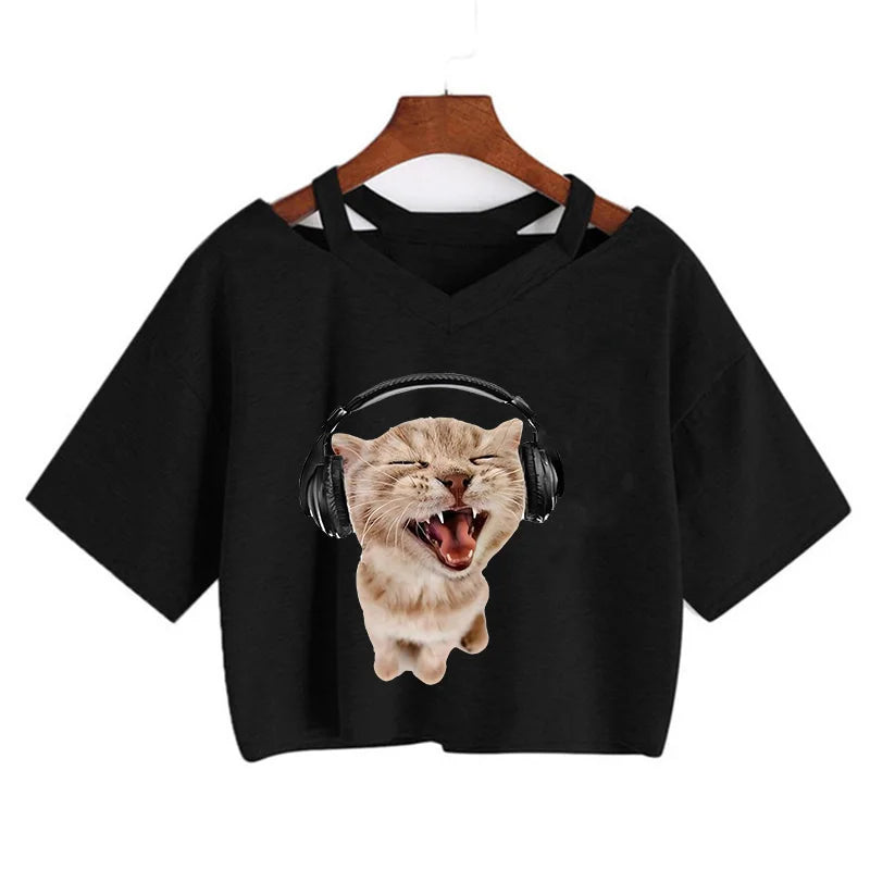 Y2k Crop Top Funny Cute Cat T Shirt Women Shirt Cropped Harajuku Graphic Ulzzang T-shirt 90s Tshirt Top Tee Female Gothic