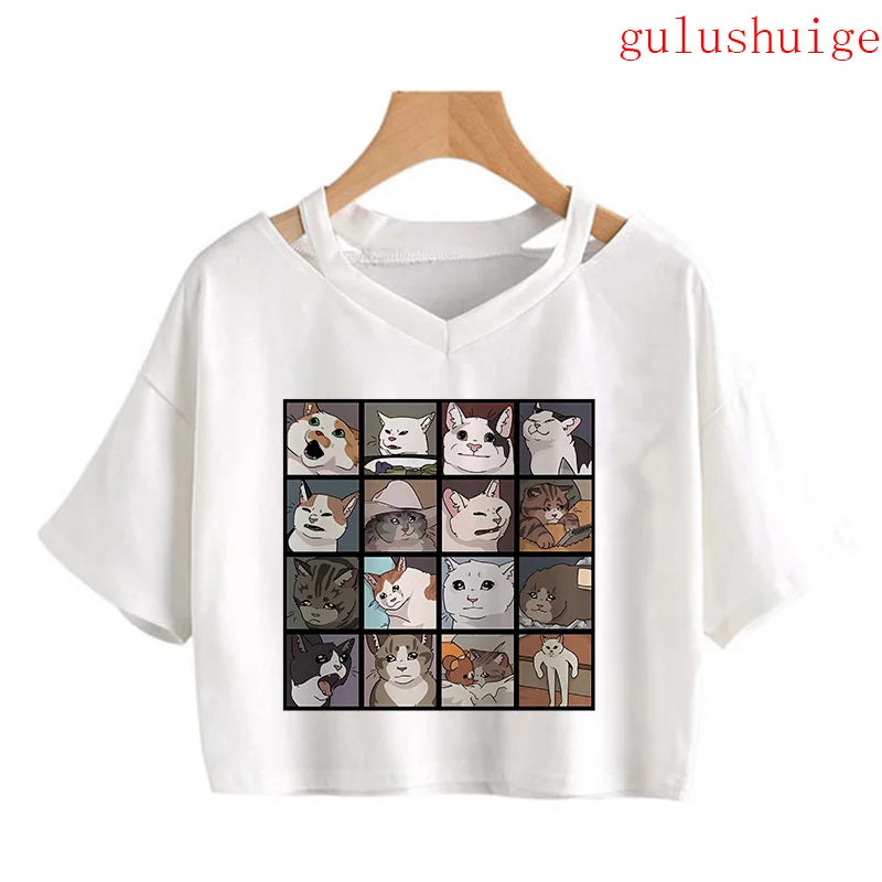 Y2k Crop Top Funny Cute Cat T Shirt Women Shirt Cropped Harajuku Graphic Ulzzang T-shirt 90s Tshirt Top Tee Female Gothic
