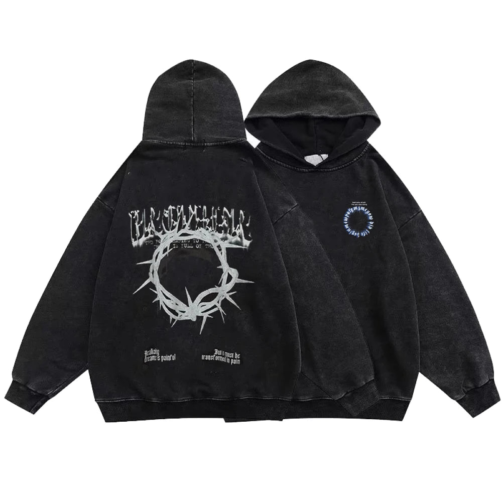 Gothic Style Hoodies Vintage Washed Letter Cross Y2K Sweatshirts Hip Hop Streetwear Long Sleeve Pullover Oversized Harajuku Tops