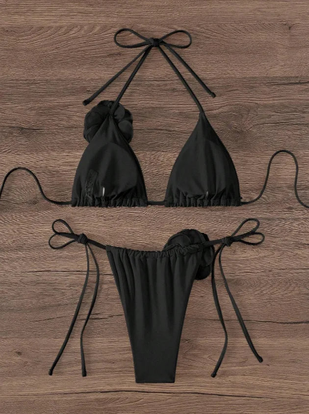 Sexy Bikini Set Women Swimsuit Black White 3D Floral Print Micro Bikinis Brazilian Cutout Beach Bathing Suit Thong Swimwear