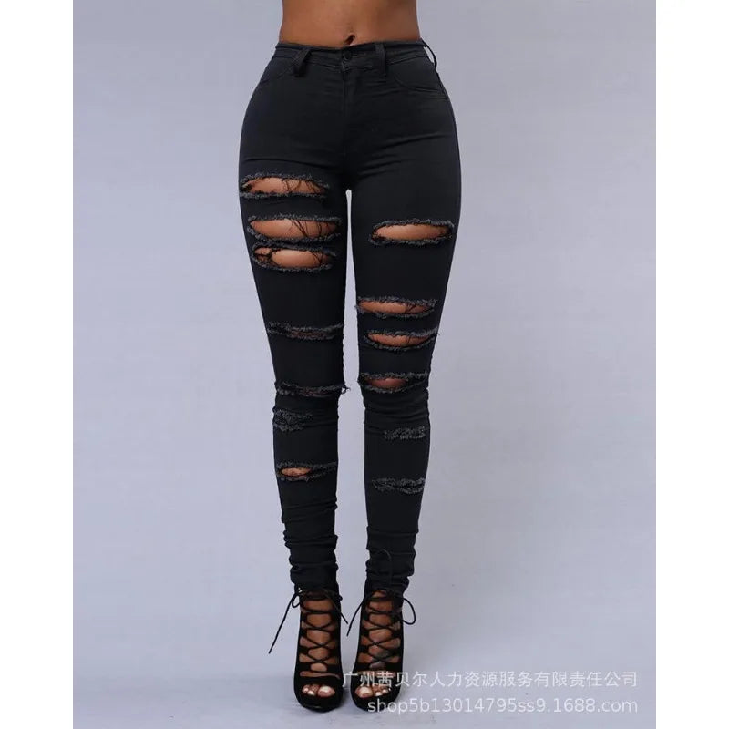 Denim Skinny Ankle-Length Pants Ripped Y2K Women's High Waist Summer Jeans Stretch Ripped Ankle-Tied Denim Trousers Jean