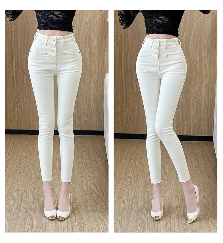 New White Skinny Jeans Woman High Waist Casual Stretch Jeans Vintage Sexy Femme Ankle Length Pencil Pants Denim Jeans