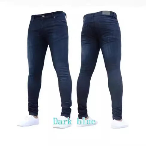 European and American New Style Tight and Personalized Popular Jeans 2024 Fashion Men's Elastic Solid Color Slim-fit Pants