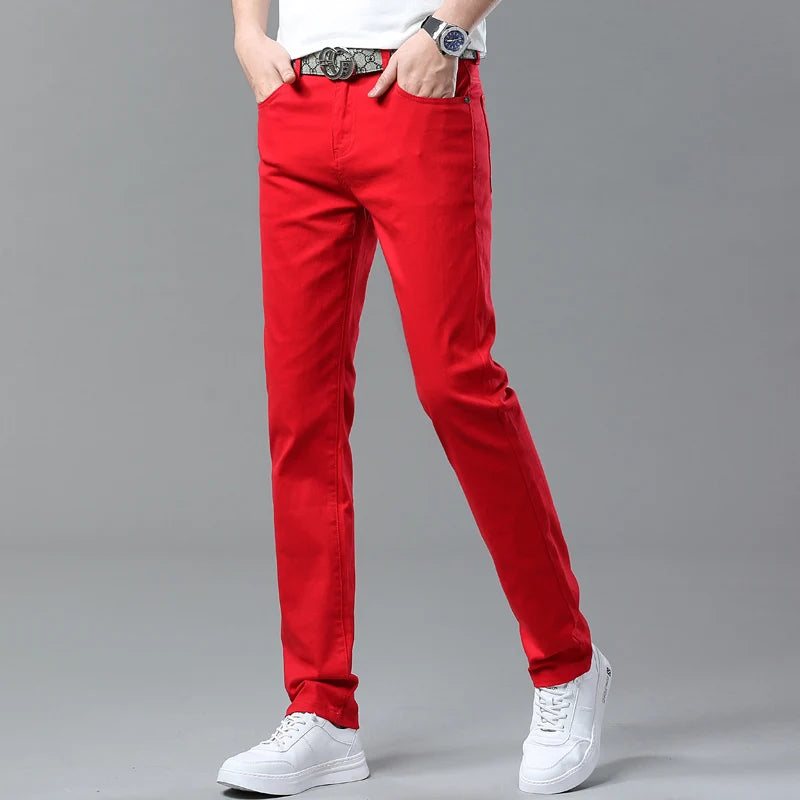 New Autumn Men's Yellow Pink Red Slim Jeans Classic Straight Elasticity Denim Pants Male Brand Stretch Skinny Colorful Trousers