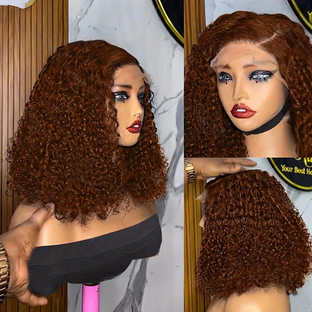 Kinky Curly Brown Deep Wave Short Bob Wig 13x4 Chocolate Bob Wig 16Inch  Brazilian HD Transparent Lace Human Hair Short Wig