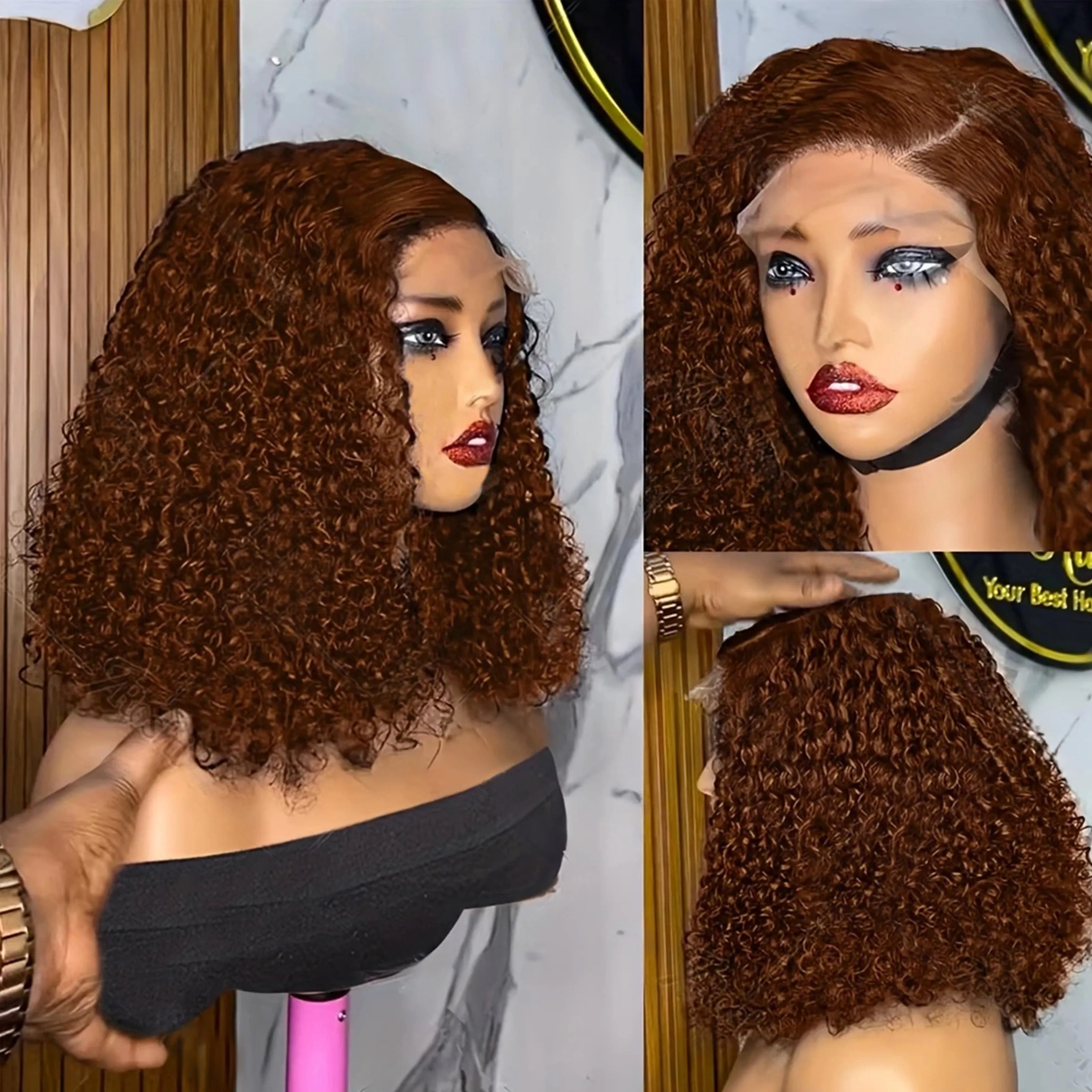 Kinky Curly Brown Deep Wave Short Bob Wig 13x4 Chocolate Bob Wig 16Inch  Brazilian HD Transparent Lace Human Hair Short Wig
