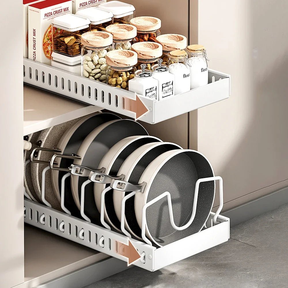 Kitchen Multifunctional Organizer - Pull-Out for Pots/Pans, Sliding Lid Holder, Spice Rack & Dish Drying Racks Drawer Organizer