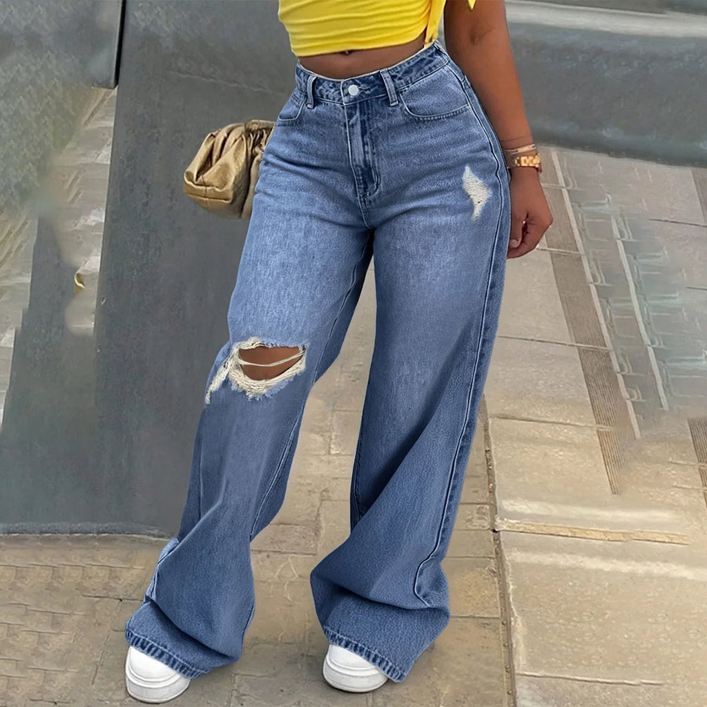 2025 New Washed Ripped Wide-leg Jeans, Fashionable and Casual High-waisted Floor-length Jeans for Women in Spring and Summer