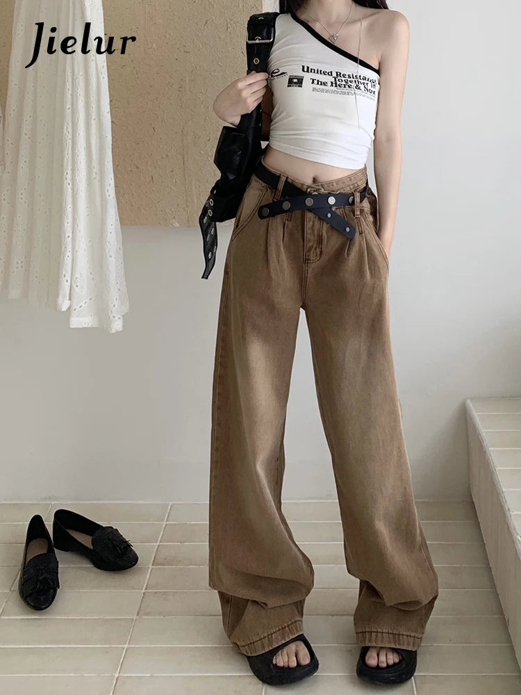 New Solid Color Slim Belt Women Jeans Simple Basic Dark Brown Straight Pants Chicly Fashion Street Casual Loose Woman Jeans
