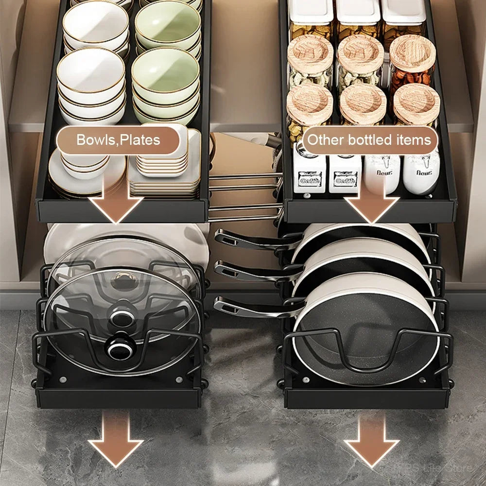 Kitchen Multifunctional Organizer - Pull-Out for Pots/Pans, Sliding Lid Holder, Spice Rack & Dish Drying Racks Drawer Organizer