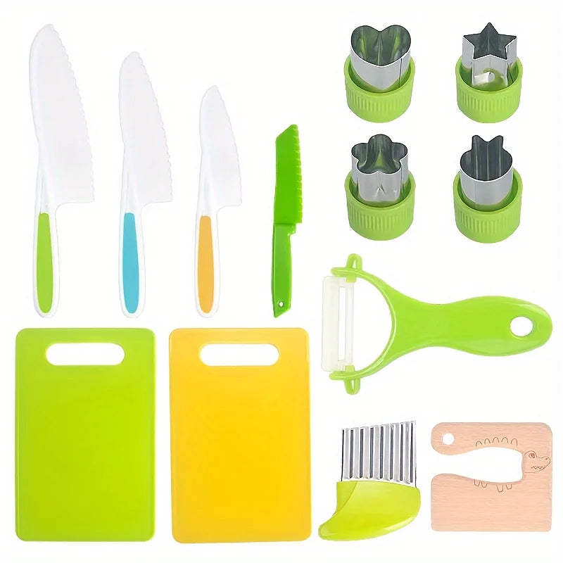 13 pieces Montessori Kitchen Tools Cooking Set - Real Toddler Safe Knives, Crinkle Cutter, Cutting Board - Safe for Real Cooking