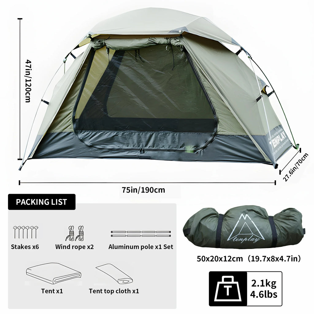 TENPLAY Ultra-Lightweight Instant Pop-Up Single-Person Tent, 3000mm Waterproof, 50UPF, for Camping, Hiking, Fishing, Backpacking