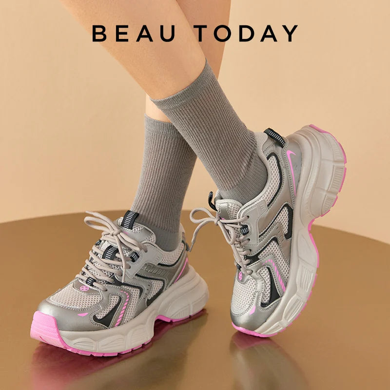 BEAUTODAY Chunky Sneakers Women  Breathable Mesh Solid Color Lace-up Thick Sole Casual Spring Female Sports Shoes Handmade 29A01