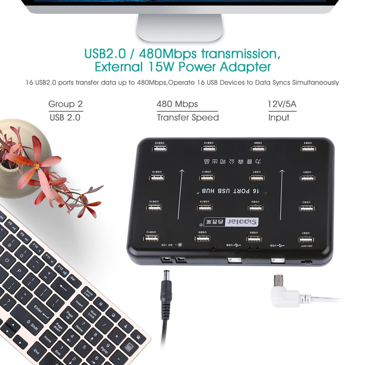 Sipolar 16 Ports USB2.0 Hub Bluk USB Duplicator for 16 TF SD Card Reader U-disk Data Test Batch Copy with 5V 3A Power Adapter
