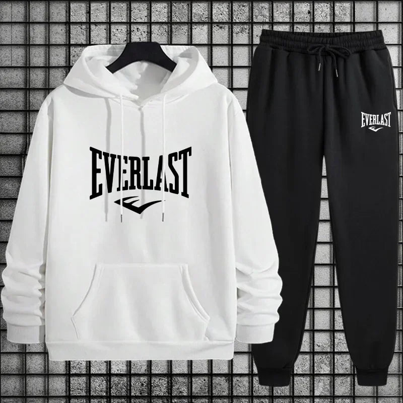 New Everlast Men's Sportswear Hooded Sweatshirt and Black Sweatpants Autumn/Winter Urban Leisure Fashion Warm Sports Set
