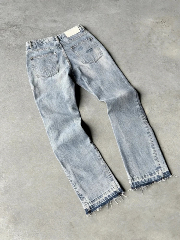 Mens Jeans Harajuku Y2K Vintage Slim Fit Washed Denim Pants Hip Hop Gothic Straight Leg Micro Flared Casual Streetwear Fashion