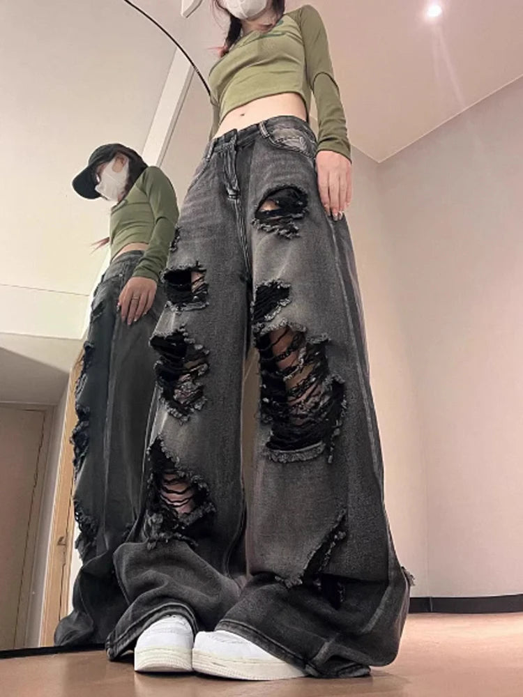 Women's Ripped Jeans Baggy Vintage Aesthetic Streetwear Cowboy Pants Harajuku Oversize Denim Trousers Y2k 2000s Trashy Clothes