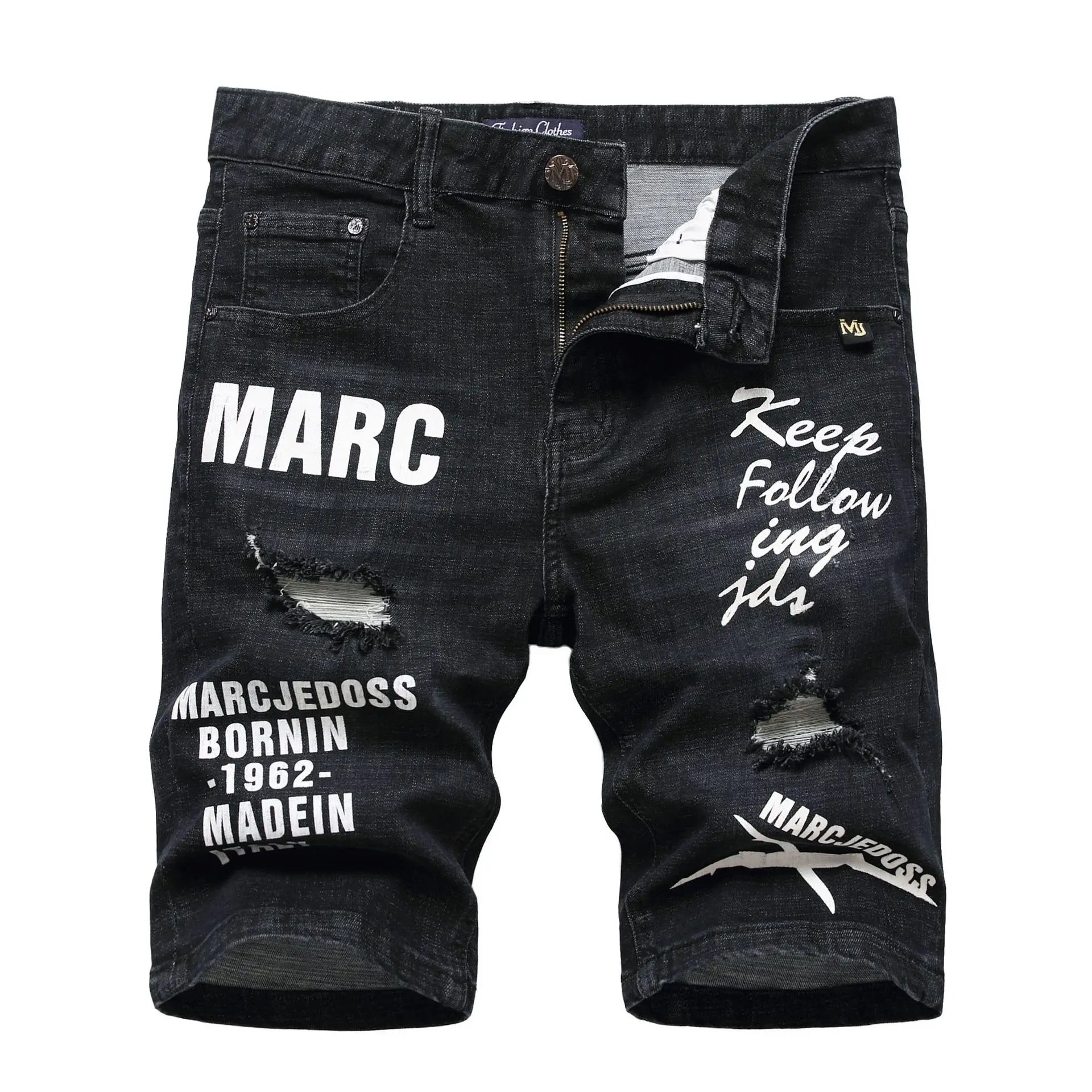 Men Summer White Ripped Denim Shorts Male Holes Short Jeans New Fashion Streetwear Stretch Jeans Shorts Pants Srtaight Fit Jeans