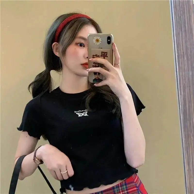 Y2K Crop Top T-shirt Women O-neck High Waist Slim Crop Top Butterfly Embroidered Short-Sleeved Tee Shirt T-shirts  Woman Clothes