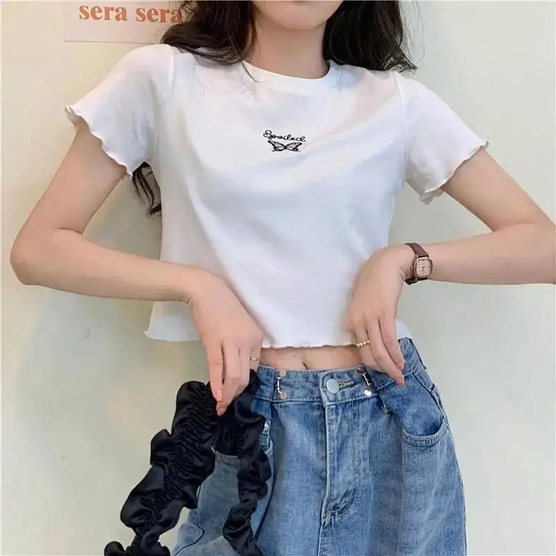 Y2K Crop Top T-shirt Women O-neck High Waist Slim Crop Top Butterfly Embroidered Short-Sleeved Tee Shirt T-shirts  Woman Clothes