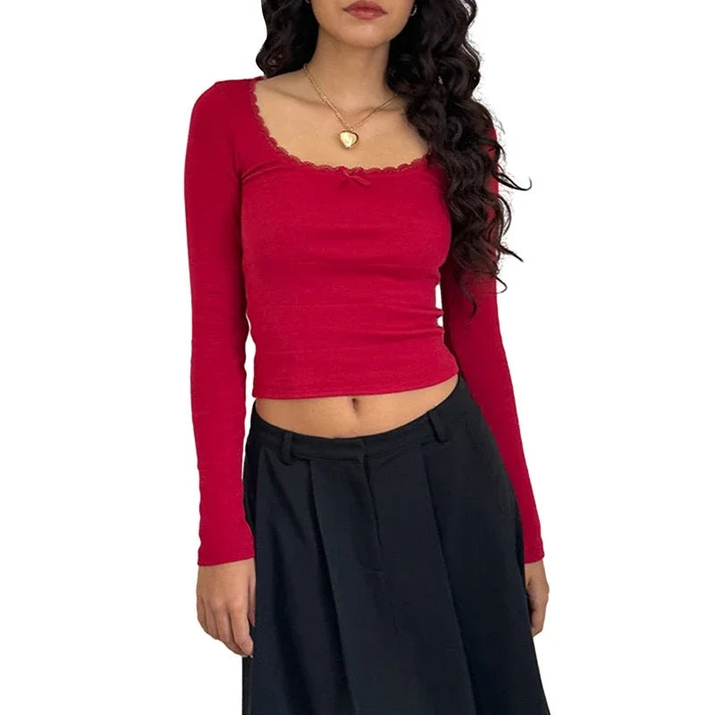 Women Y2k Crop Tops Autumn Spring Long Sleeve Square Neck Ribbed Slim Fitted T-Shirt Aesthetic Fairy Tees Tops Retro Streetwear