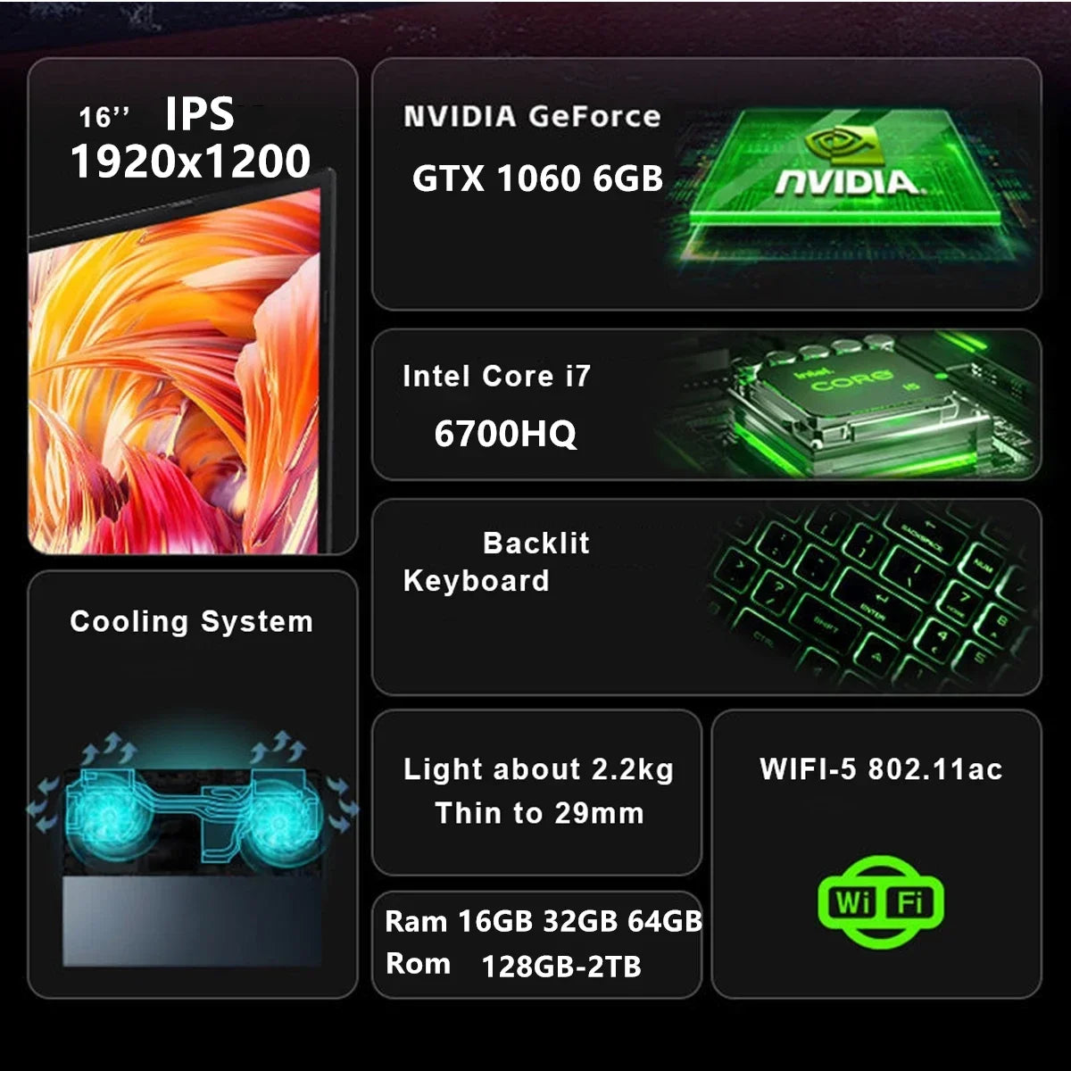 16" Gaming Laptop intel Core i7-6700HQ GTX 1060 IPS 1920*1200 Notebook PC Ram16G 32G 128G-1TB SSD Windows 11 Pro Laptop Computer