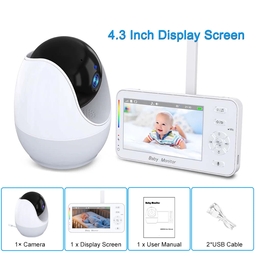 Video Baby Monitor 4.3 Inch Screen Indoor Mini Camera Night Light PTZ Auto Tracking WIFI APP View Control Pet Baby Surveillance