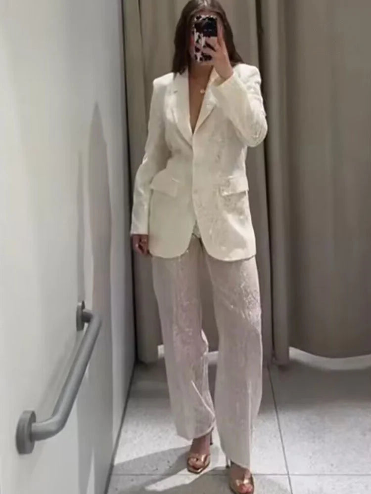 HH Female Sequins Sets Turn-Down Collar Pockets Single-Breasted Blazers+High Waist Zipper Trousers Women's Autumn Pant Set