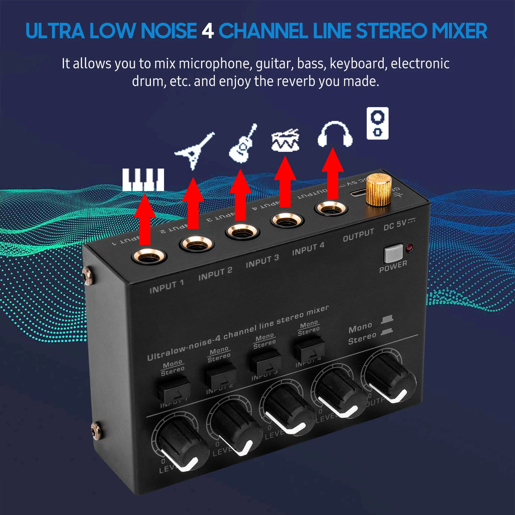 Ultra Low Noise 4 Channel Line Stereo Mixer 4 Input 1 Output DC 5V Mini Audio Mixer Microphone Guitar Bass Keyboard Mixers
